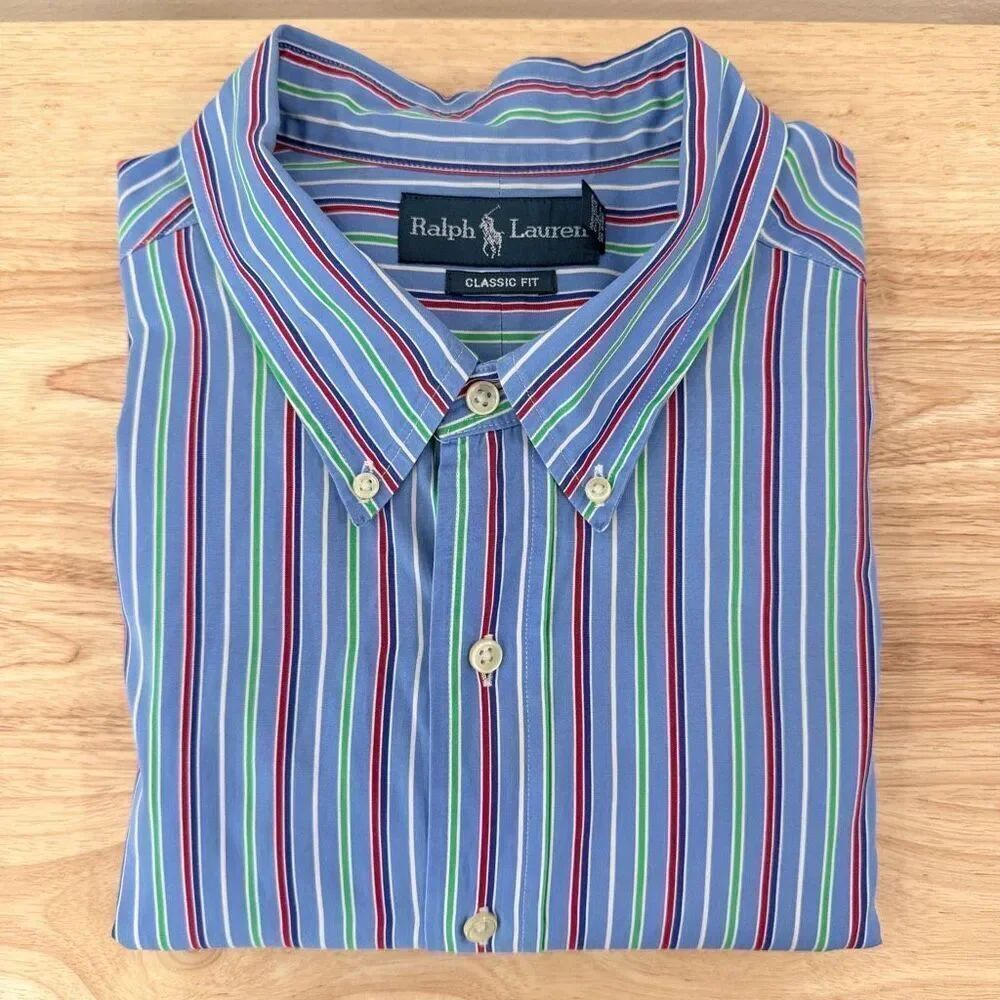 Ralph Lauren Men's 2XLT Tall Blue Striped Classic Fit Long Sleeve Button Down